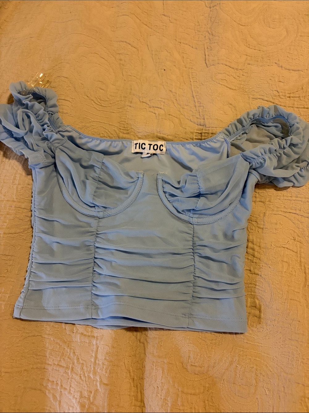 Tic Toc Pastel Blue Ruched Off-Shoulder Crop Top